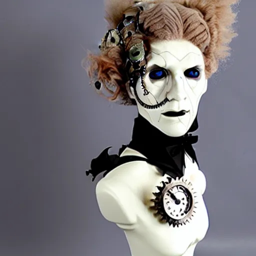 Image similar to Clockwork Cyborg Vampire French Aristocrat, powdered wig, gears, prosthetics, full-body