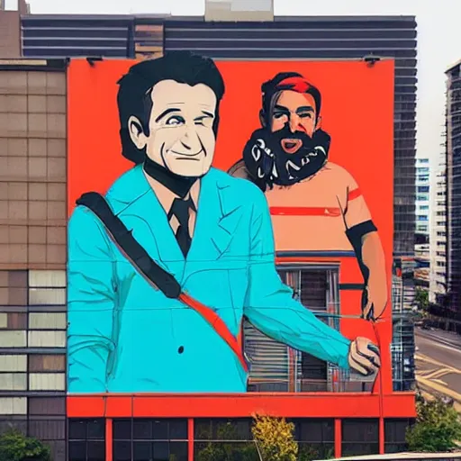 Image similar to robin williams characters street art mural by sachin teng x supreme : 1 high contrast, hard edges, matte painting, geometric shapes, disney, masterpiece : 1