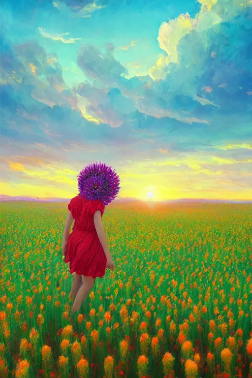 Prompt: giant corn flower head, girl walking in a flower field, surreal photography, sunrise, dramatic light, impressionist painting, colorful clouds, digital painting, artstation, simon stalenhag