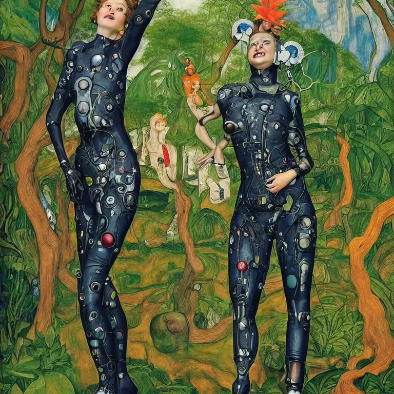 Image similar to a healthy curvy grinning dryad lady wearing a catsuit, who looks like a cybernetic alien stands pround in the middle of a river valley. around her are tropical birds and orchids. painted by jan van eyck, egon schiele and max ernst, trending on artstation, 8 k, award winning, high octane