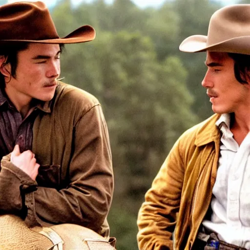 Image similar to a romantic scene from brokeback mountain starring josh hartnett as ennis del mar and heath ledger as jack twist