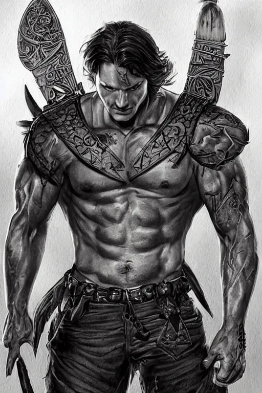 Prompt: portrait of attractive sam winchester as a rogue warrior, muscular chest tattooed with runes and symbols, d & d!, fantasy style, sharp focus!, ultra detailed, art by artgerm and peter andrew jones, wlop
