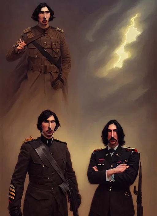 Prompt: a portrait of john oliver and adam driver posing together back to back, stoic, military uniform, fantasy, centered, dark background, smokey atmosphere, foggy atmosphere, art by artgerm and greg rutkowski and alphonse mucha