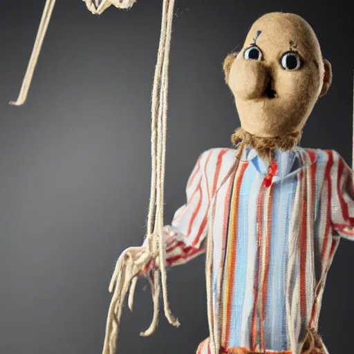 Prompt: a real person on marionette strings