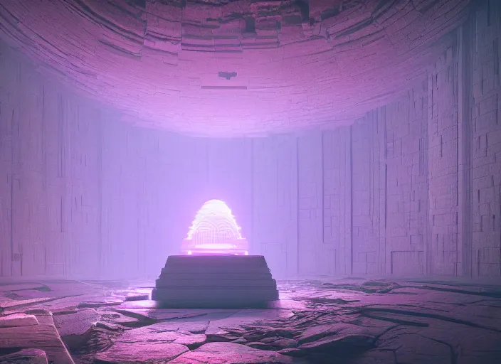 Image similar to An illustration of an underground temple with light shining in through the surface by Beeple ,trending on artstation