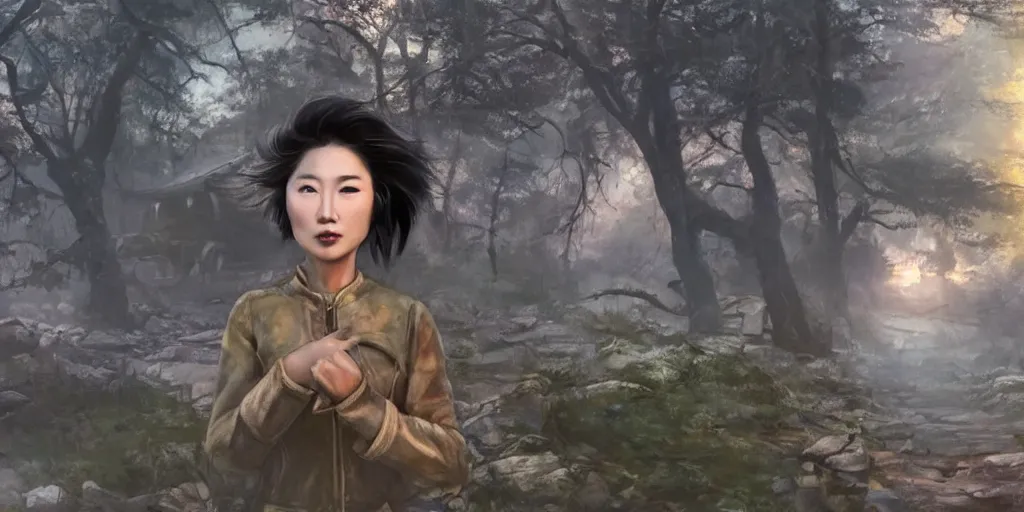 Prompt: fallout 5, charismatic beautiful rugged asian female protagonist, portrait, outdoors in forest, tori gate!!! and shinto shrine!!! in the background, atmospheric lighting, painted, intricate, volumetric lighting, daytime, winter, blizzard, sharp focus, ultra detailed, art by william turner