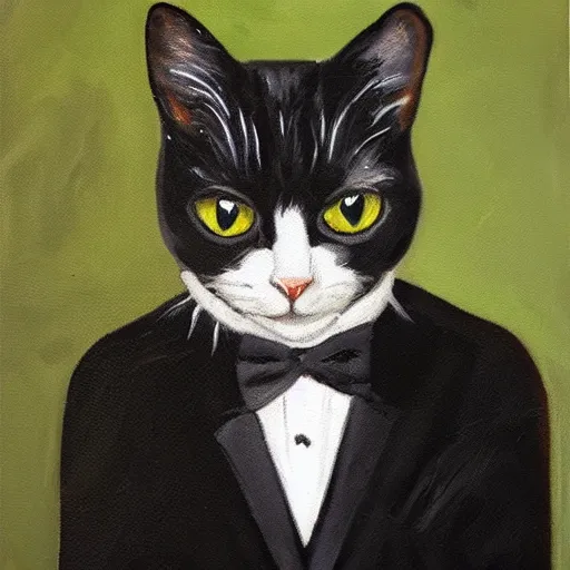 Image similar to oil painting of a cat wearing a tuxedo