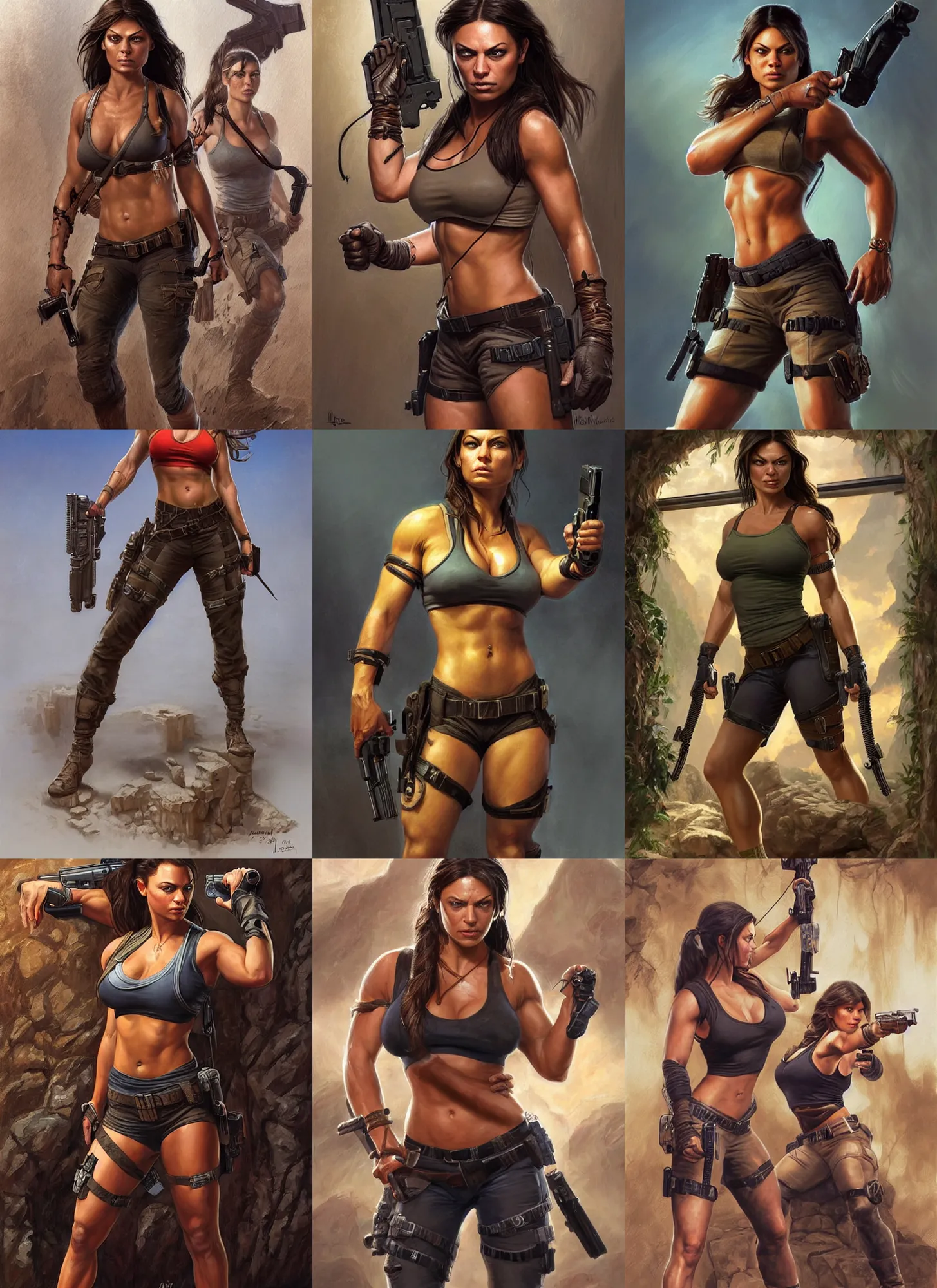 Image similar to portrait of very muscled Mila Kunis as Lara Croft with pistols drawn hiding from a few scary creepy mummies, elegant, highly detailed, centered, digital painting, artstation, concept art, artgerm, donato giancola, Joseph Christian Leyendecker, WLOP, Boris Vallejo, Artgerm