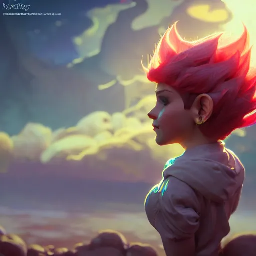 Image similar to a Photorealistic dramatic hyperrealistic gnome woman, pixie undercut hair, by WLOP,Artgerm,Greg Rutkowski,Alphonse Mucha, Beautiful dynamic dramatic bright sunset lighting,shadows,cinematic atmosphere,Artstation,concept design art,Octane render,8k