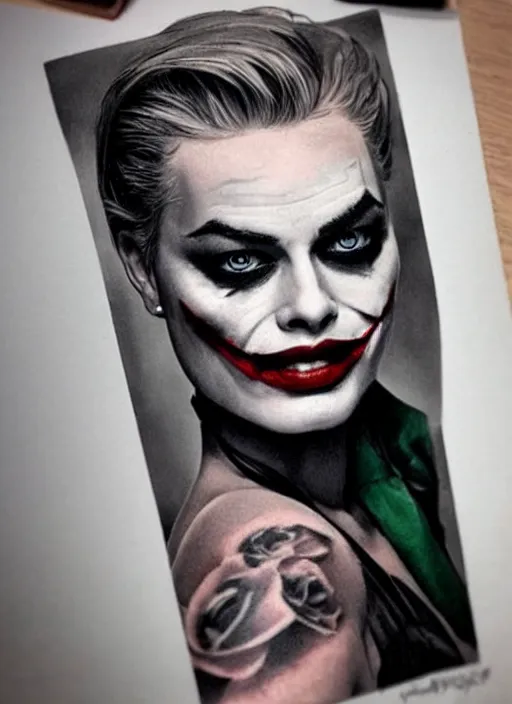 Image similar to tattoo design of margot robbie with joker makeup, ace card, in the style of den yakovlev, realistic face, black and white, realism tattoo, hyper realistic, highly detailed