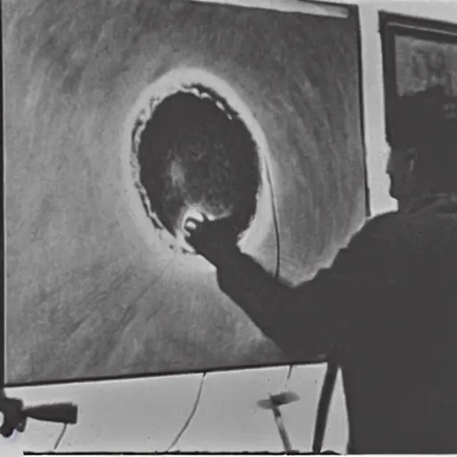 Image similar to a 1900s grainy photo of a university's teacher drawing a black hole on the board