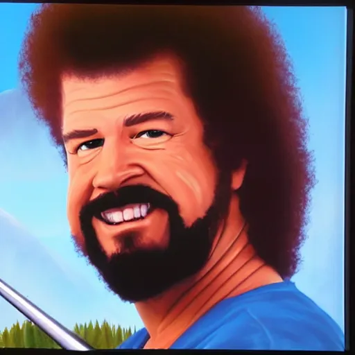 godzilla as bob ross, painting trees on a canvas on an easel - AI