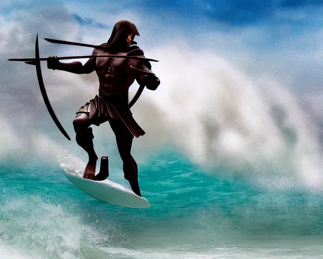 Image similar to single spartan with surfing waves, epic award winning action cinematic still from the movie 3 0 0, 8 k, global illumination, detailed face, muscles, rim highlights, hyper realistic, stunning waves, happy vibes