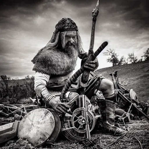 Image similar to wise angle photo of viking in armor working on the mechanical ancient device, tools and junk on the ground,wires and lights, old village in the distance, vintage old photo, black and white, sepia