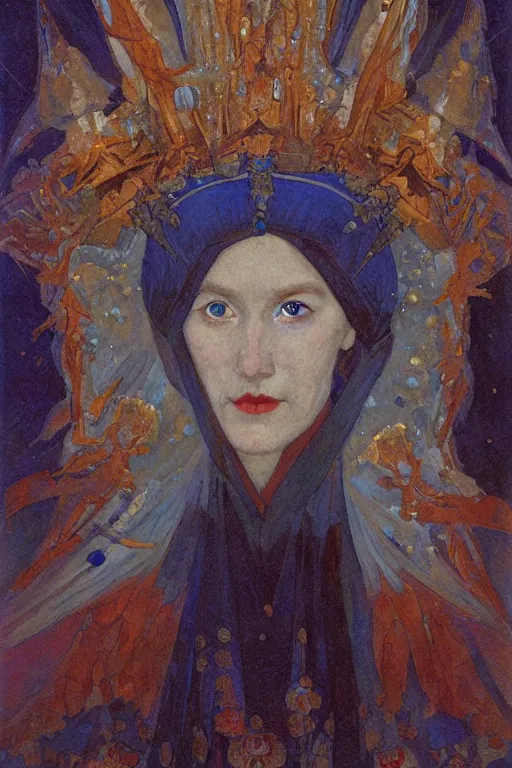 Image similar to queen of snow and ice by Annie Swynnerton and Nicholas Roerich, strong dramatic cinematic lighting , ornate headdress , flowing robes, lost civilizations, smooth, sharp focus, extremely detailed