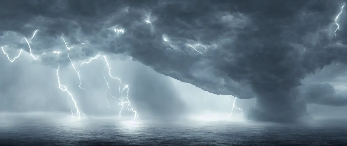 Prompt: a giant octopus tentacle hanging from the clouds over a rain forest, lightning storm and sun rays, ambient light, still from the movie the arrival, 8k