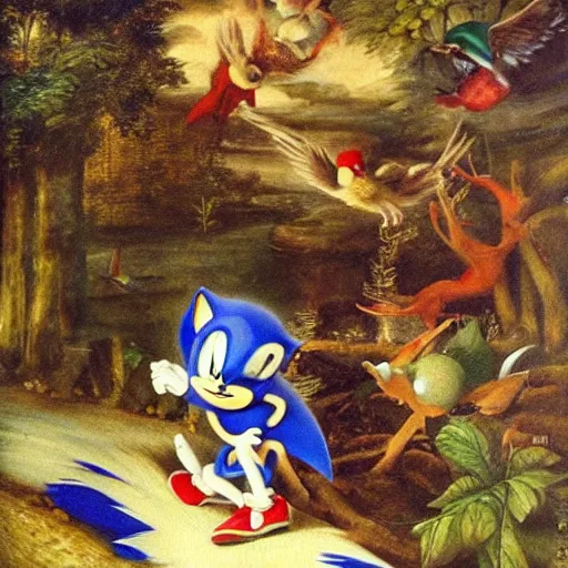 Image similar to renaissance painting sonic the hedgehog going fast through forest with excited birds flying behind, realistic, oil paint, green forest