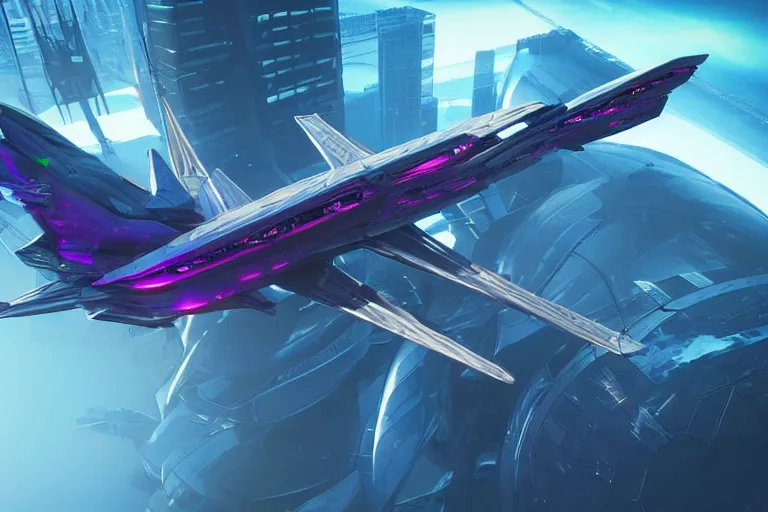 Image similar to cyberpunk alien concept inspired jet plane, futuristic look, highly detailed body, very powerful, photorealistic camera shot, bright studio setting, studio lighting, crisp quality and light reflections, unreal engine 5 quality render