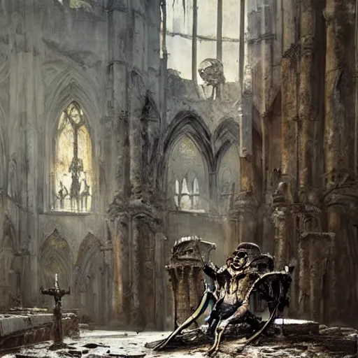 Prompt: Skeleton king wearing ragged clothes and a plate armour resting on a throne inside a ruined cathedral, oil painting, by Greg Rutkowski