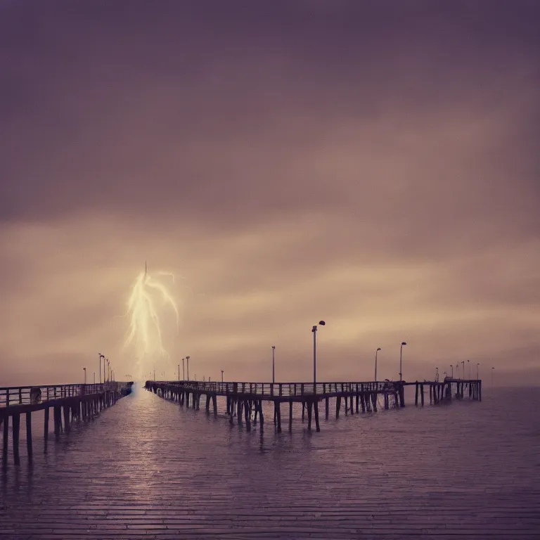 Prompt: godrays casted on the pier, film photo, soft lighting album cover, nostalgia, gradient