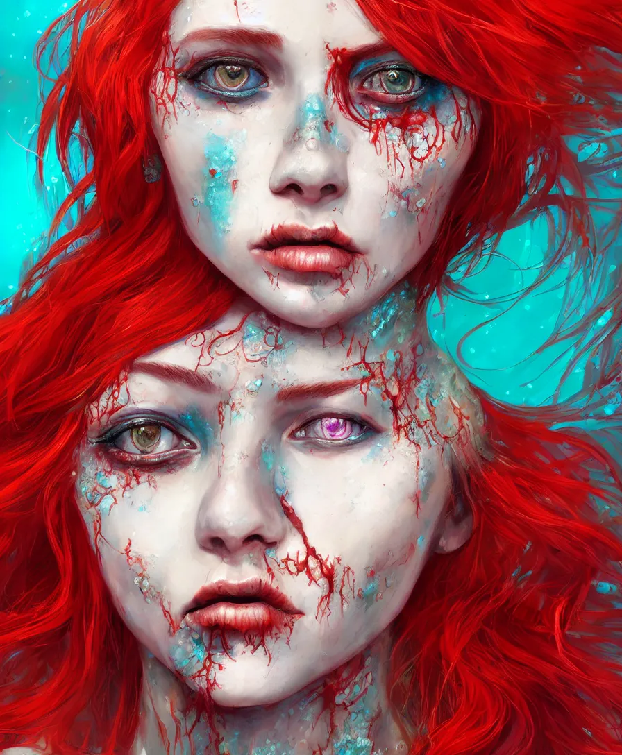 Prompt: Close-up portrait of zombie mermaid young woman with red hair, under turquoise water, intricate, highly detailed, digital painting, artstation, concept art, smooth