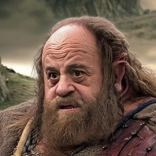 Image similar to movie still of danny devito starring as gimli in the 2 0 2 3 lord of the rings movie, full body, hyper realistic, high quality