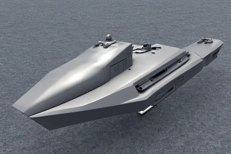 Image similar to concept art of a futuristic military boat, in gunmetal grey, extremely symmetrical, blueprint schematics, top down view, bottom view, side view, mecha inspired, gun turret, robotic, highly detailed, artstation, pinterest, super realistic, hard surface model, autodesk maya, octane render