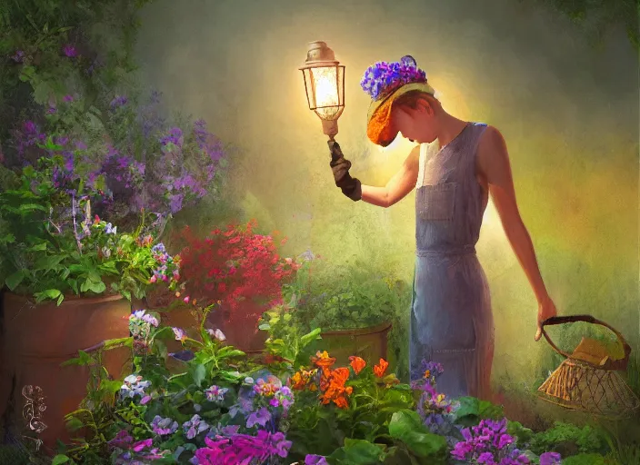 Image similar to a woman with a miner ’ s lamp on her head tending her garden at midnight, digital art, cgsociety, night like colours, garden full of flowers