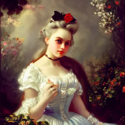 Image similar to Alice in Wonderland,a portrait of a beautiful Silver hair girl,Diamonds Blaze,Rose twining,luxuriant,dreamy, eternity, romantic,highly detailed,in the style of Franz Xaver Winterhalter, highly detailed,night lighting