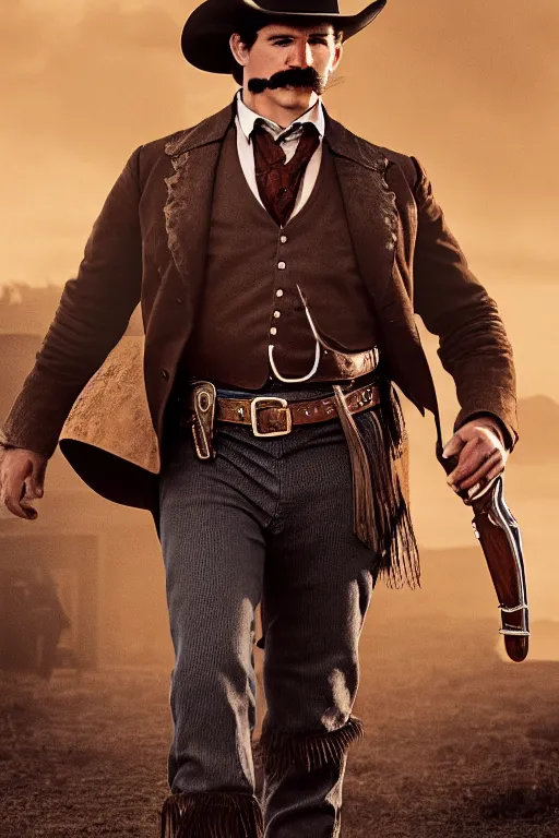 Image similar to highly photorealistic render of young val kimer as wyatt earp from tombstone set against a western town, intricate detail, attention to details, realistic color scheme, volumetric lighting