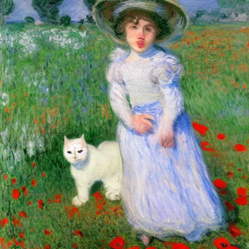 Image similar to manon, gregoire and a white cat with yellow eyes in a field of poppy, by monet