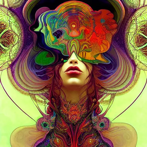 Prompt: An extremely psychedelic experience, reality bending, morphing, transforming, colorful, surreal, magic mushrooms, psilocybin, LSD, face, detailed, intricate, elegant, highly detailed, digital painting, artstation, concept art, smooth, sharp focus, illustration, art by Krenz Cushart and Artem Demura and alphonse mucha