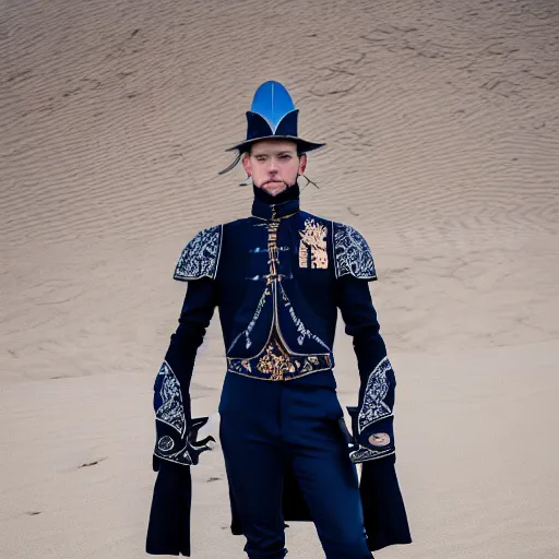 Image similar to medium face shot of adult Austin Butler dressed in futuristic-baroque prussian blue duelist-garb with Griffin-Ram embroidery emblem, and nanocarbon-vest and greaves, standing in an arena in Dune 2020, XF IQ4, f/1.4, ISO 200, 1/160s, 8K, face in-frame