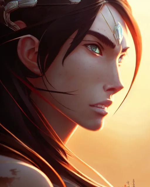 Image similar to azctec warrior, megan fox, detailed perfect face, exquisite details, fire magic, mid view, design on a white background, by studio muti, greg rutkowski makoto shinkai takashi takeuchi studio ghibli