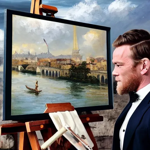 Prompt: mcgregor is dressed as a gentleman at early 2 0 th century paris. he is watching an easel. that easel has a canvas on it. ewan mcgregor has a brush on his hand. he is painting a painting. on background has river seine, morning sun, dark clouds, lightning, dc comics