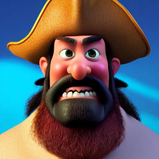 Image similar to portrait of the pirate blackbeard. pixar disney 4 k 3 d render funny animation movie oscar winning trending on artstation and behance. ratatouille style.