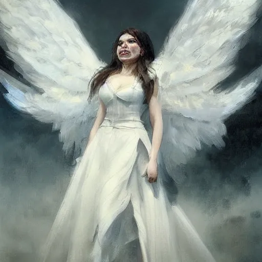 Image similar to Painting by Greg Rutkowski, an opera singer in a white dress with wings on stage