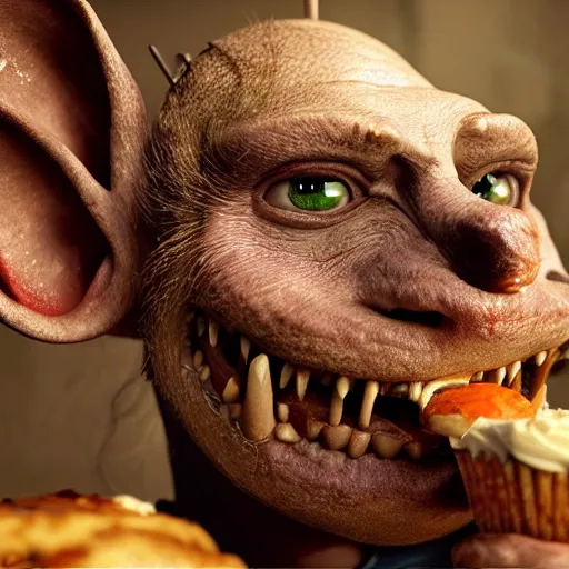 Image similar to closeup portrait of a medieval goblin eating cakes, depth of field, zeiss lens, detailed, symmetrical, centered, fashion photoshoot, by annie leibovitz and steve mccurry, david lazar, jimmy nelsson, breathtaking, 8 k resolution, extremely detailed, beautiful, establishing shot, artistic, hyperrealistic, beautiful face, octane render