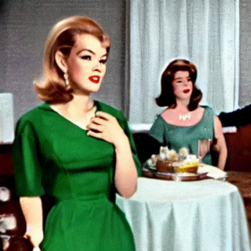 Prompt: the image is a lost hollywood film still 1 9 6 0 s photograph of a scene featuring a scene in which a woman in a green gown attending her father ’ s birthday party. vibrant cinematography, anamorphic lenses, crisp, detailed image in 4 k resolution.