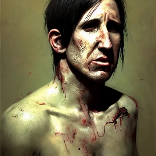 Image similar to young trent reznor as a zombie, 7 days to die zombie, realistic proportions, fine art, award winning, intricate, elegant, sharp focus, cinematic lighting, digital painting, 8 k concept art, art by brom, art by guweiz and z. w. gu, art by michael hussar, 8 k