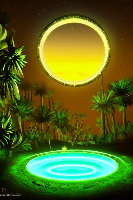 Prompt: a luminous circular stargate in the desert with a lush jungle visible on the other side