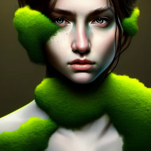 Image similar to a portrait of a girl covered in moss, face, intricate, elegant, highly detailed, digital painting, artstation, concept art, smooth, sharp