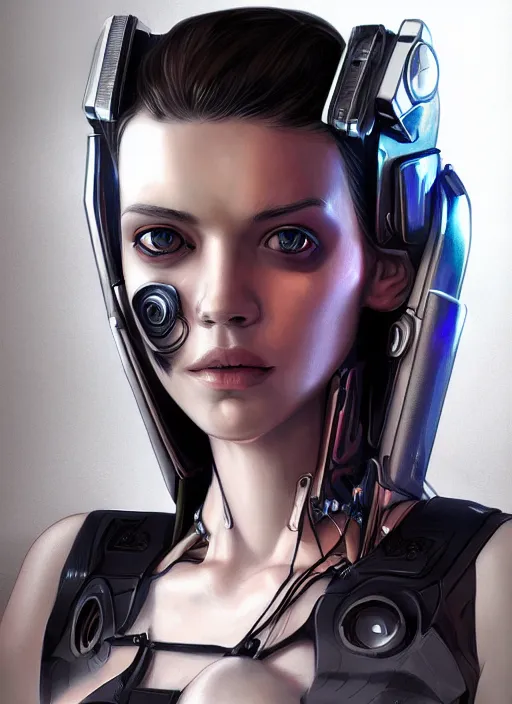 Prompt: portrait of cyberpunk girl with a (biomechanic+200) crest, illutration by Artgerm, highly detailed, trending on artstation