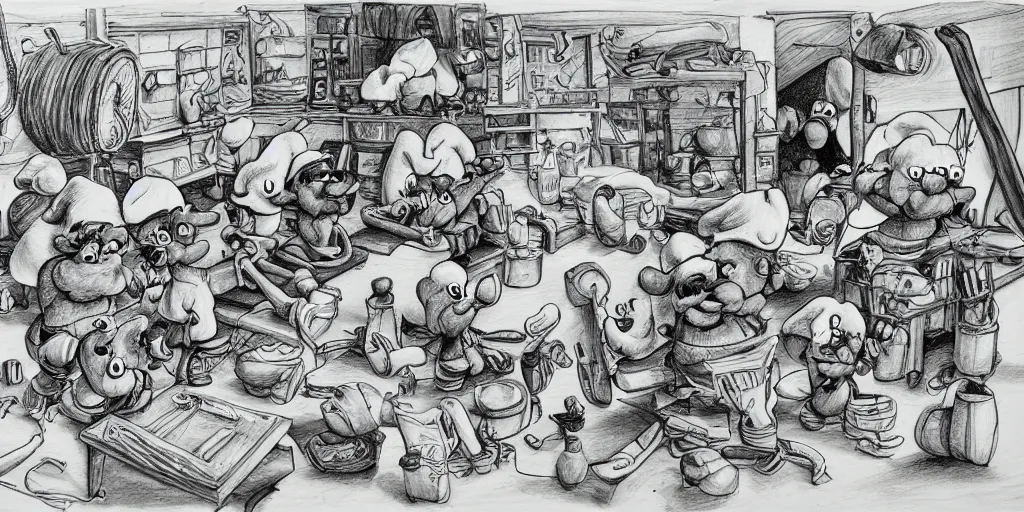 Image similar to high detailed drawing of smurfs and long white bones black and white, tables, tools, leaking oil, line art, pen & ink drawing