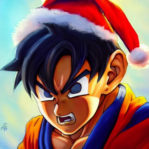 Image similar to an oil painting of a son goku wearing a christmas hat, by artgerm, hd, hdr, ue 5, ue 6, unreal engine 5, realistic non anime style, cinematic 4 k wallpaper, 8 k, ultra detailed, gta 5 cover art, high resolution, artstation, award winning