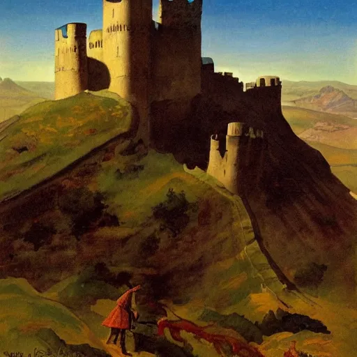 Prompt: a medieval fortress standing on a hill over the countryside, painted by frank frazetta