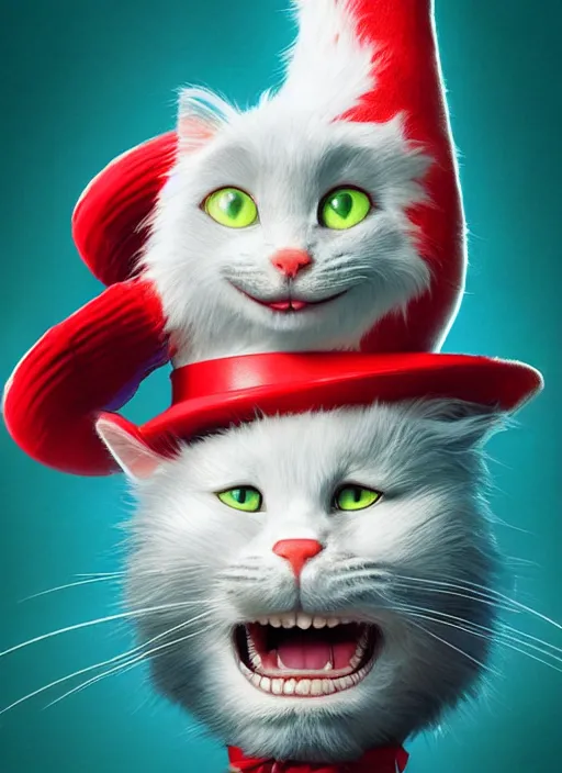 Image similar to complex 3 d render, hyper detailed, ultra sharp, of the cat in the hat, scary, comical, cinematic, natural soft light, rim light, octane render, artstation, art by artgerm and greg rutkowski and alberto seveso, dr seuss