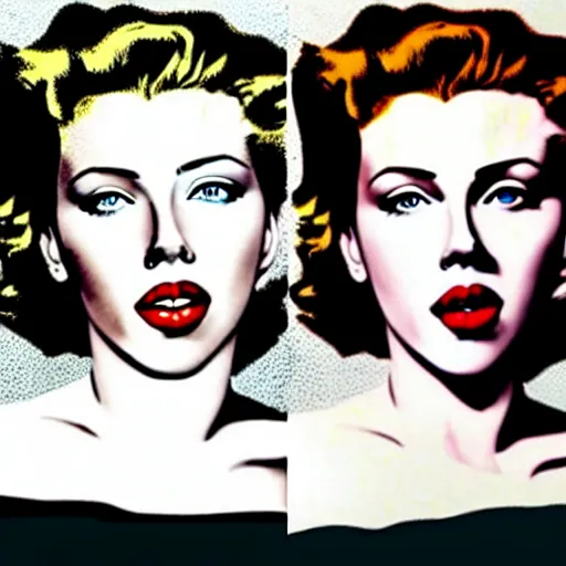 Image similar to epic professional digital painting of scarlet johansson in marilyn diptych by andy warhol, epic, stunning, gorgeous, much wow, masterpiece.