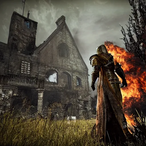 Prompt: a photo of a house burning down in the background and dark souls with an eerie expression in the foreground, strong depth of field