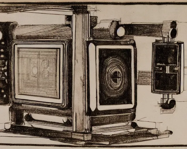 Image similar to mechanical electrical television set sketch with detailed notes by leonardo da vinci